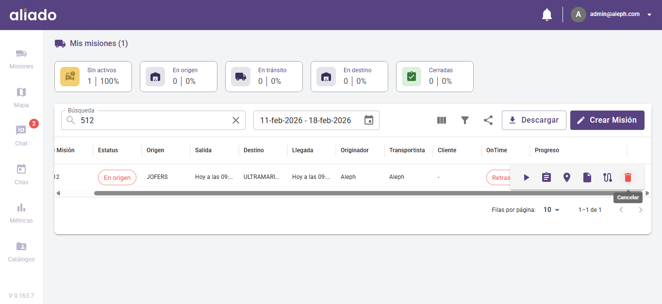 Pantalla de inicio de misión