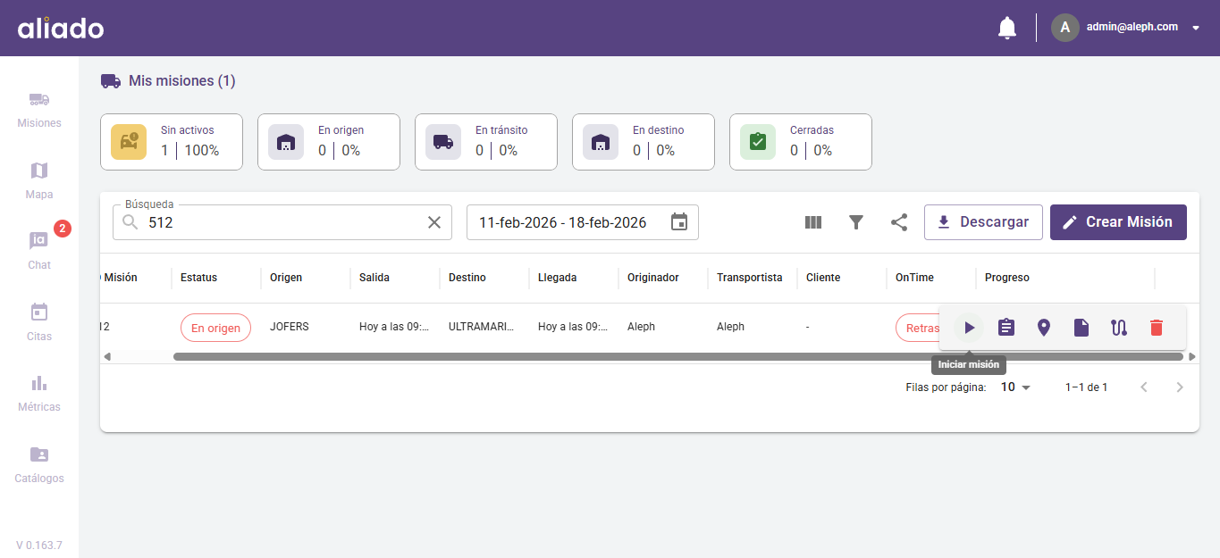 Pantalla de inicio de misión
