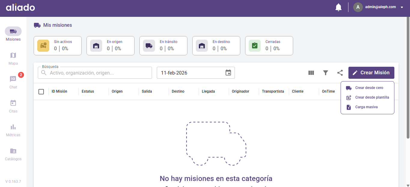 Pantalla de creación de misión