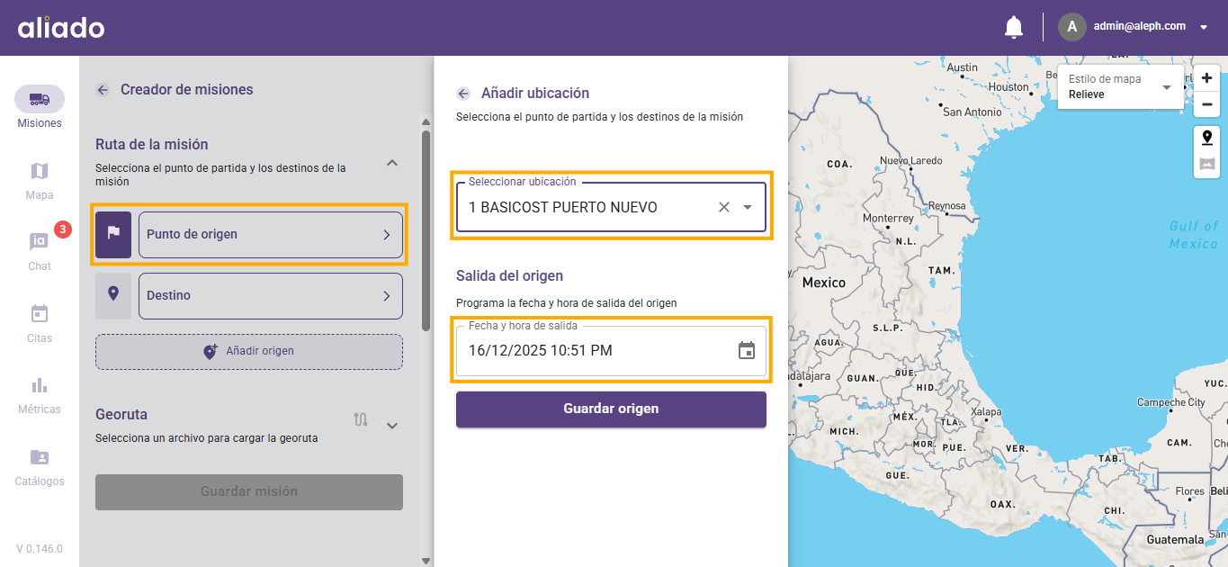Pantalla añadir punto de origen